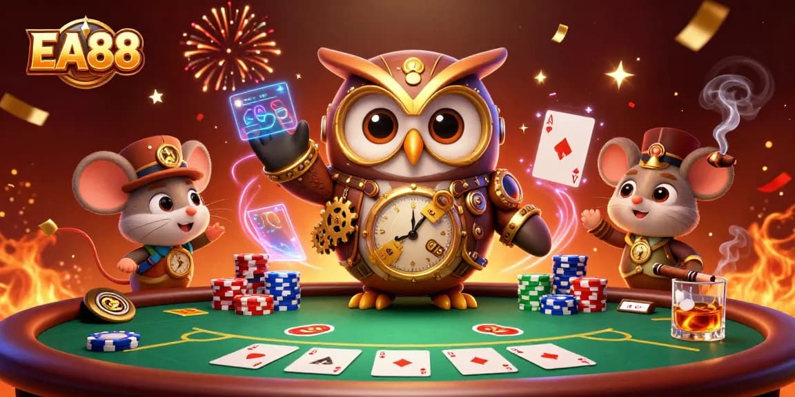 Experience EA88's thrilling casino world with the whimsical owl and exciting poker action.