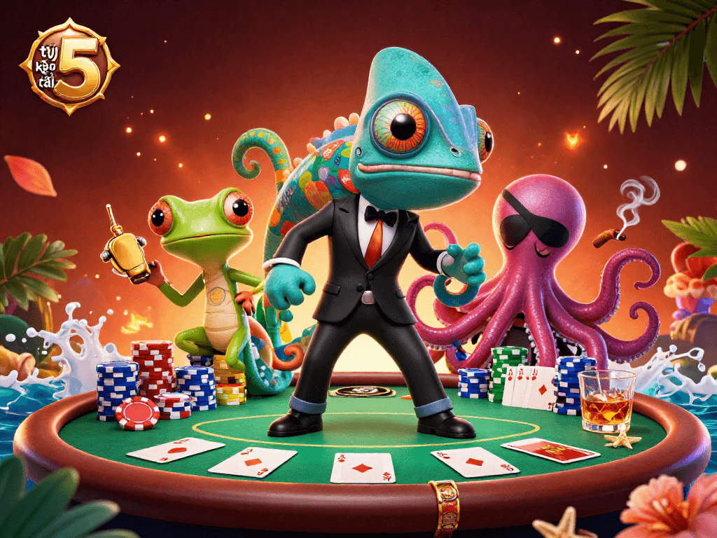 Engage with tỷ lệ kèo nhà cái 5 at a lively poker scene featuring vibrant characters and dynamic game elements.