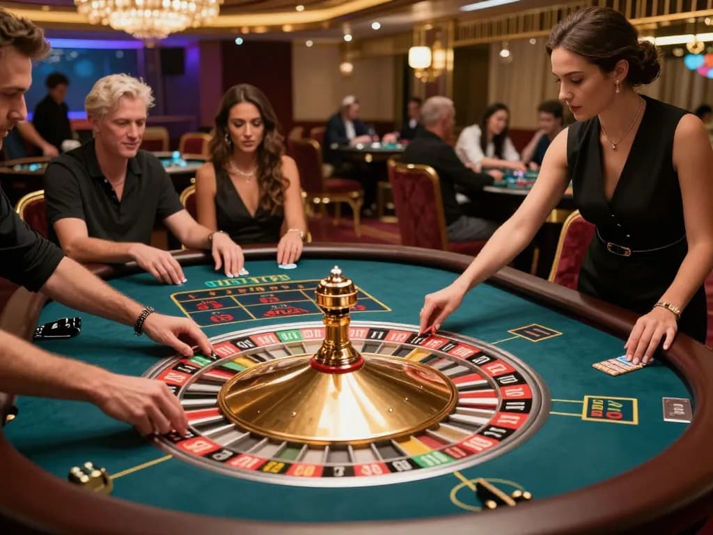 Experience thrilling roulette gameplay at http://188v.me/ with players placing bets and luxurious ambiance
