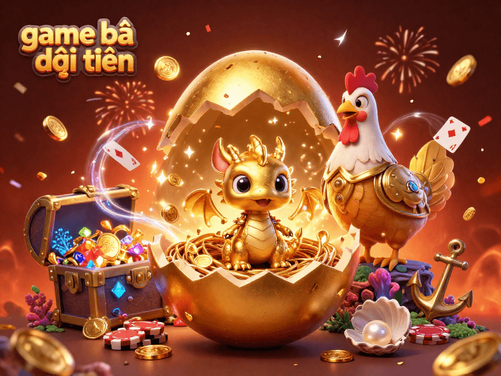Engage with game bài đổi thưởng featuring a golden baby dragon on poker chips amidst sparkling treasures.