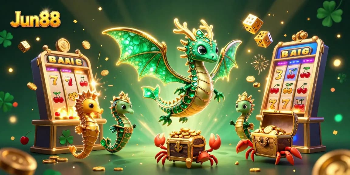 Experience the thrill of Jun88 with a vibrant casino scene featuring a dragon, slot machine, and treasure.