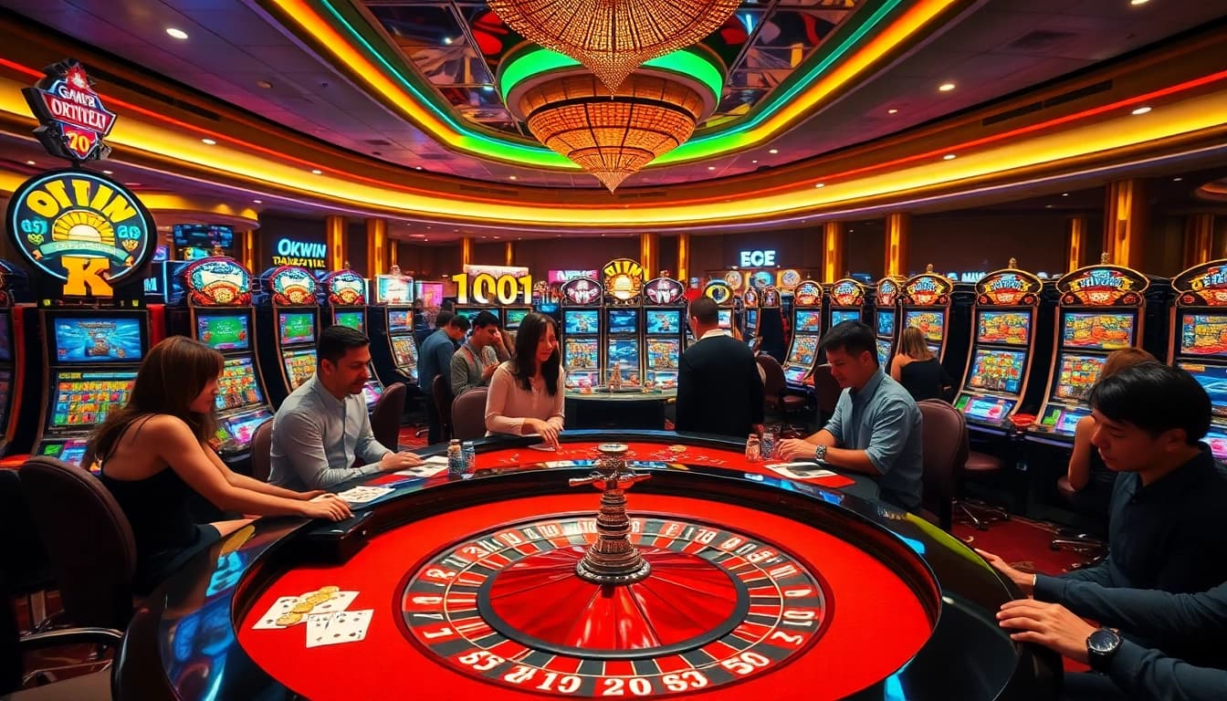 Players engage in high-stakes bets at an okwin-themed casino table filled with excitement.