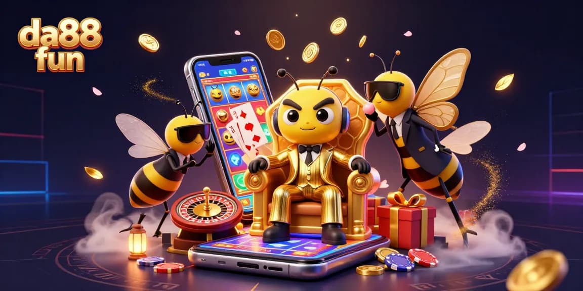 Experience da88 fun with a bumblebee boss and gaming elements in a vibrant casino scene.