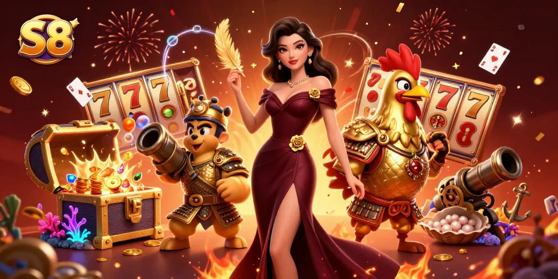 S8 casino gaming scene featuring a glamorous woman and a golden samurai rooster amidst slot jackpots and treasure