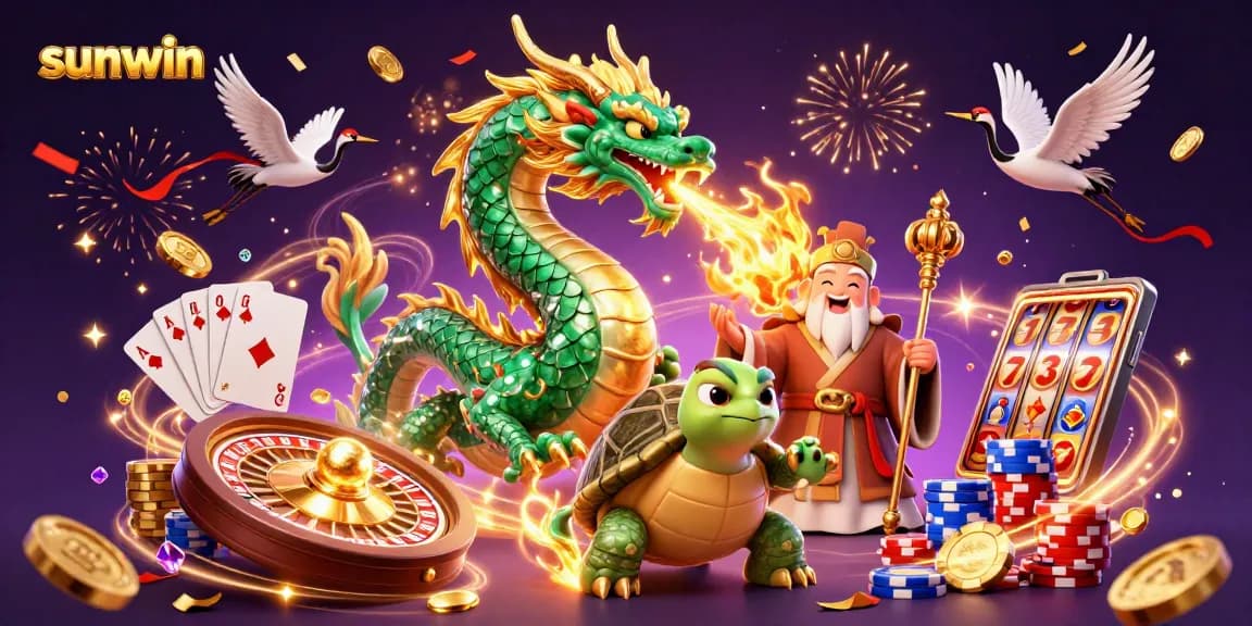 Win at sunwin with thrilling games featuring a jade dragon and lucky cranes amidst sparkling coins.