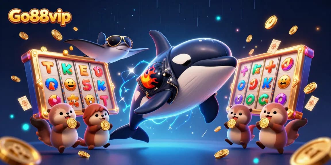 Engage with Go88vip's thrilling slots featuring an orca and otters celebrating with coins in a vibrant casino scene.