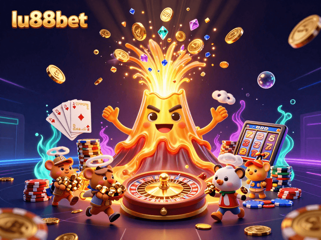 Win big with lu88bet at the dynamic game scene, showcasing a golden volcano and treasure-filled action.