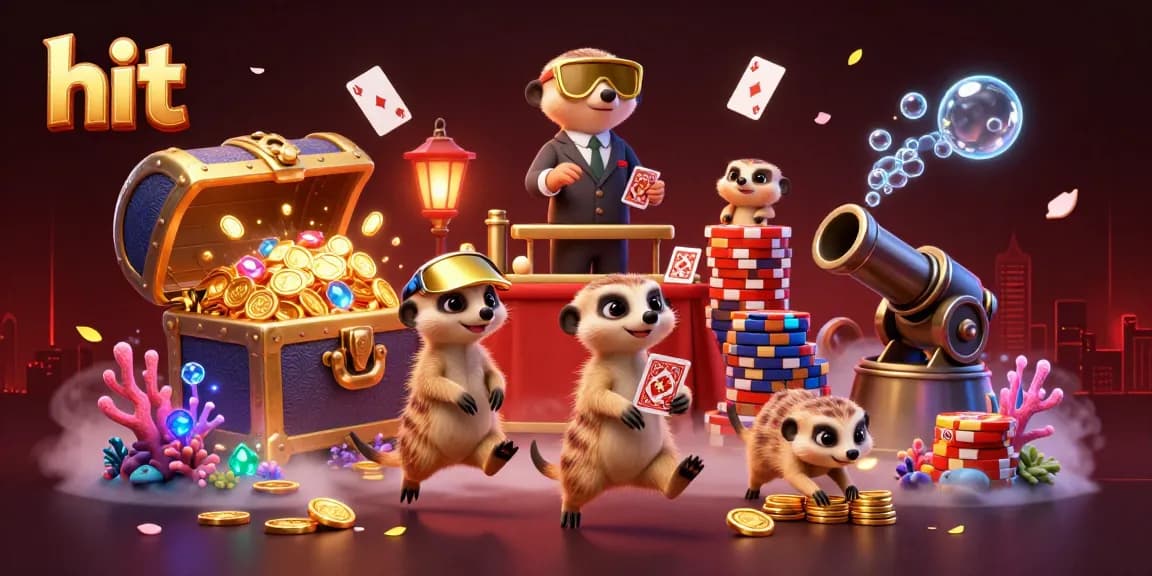 Hit the jackpot at a 3D meerkat casino, featuring dynamic card dealers and game elements.
