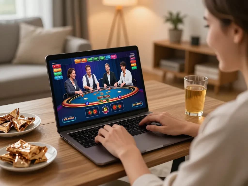 tv88 player enjoying a live dealer game on laptop in a cozy home environment