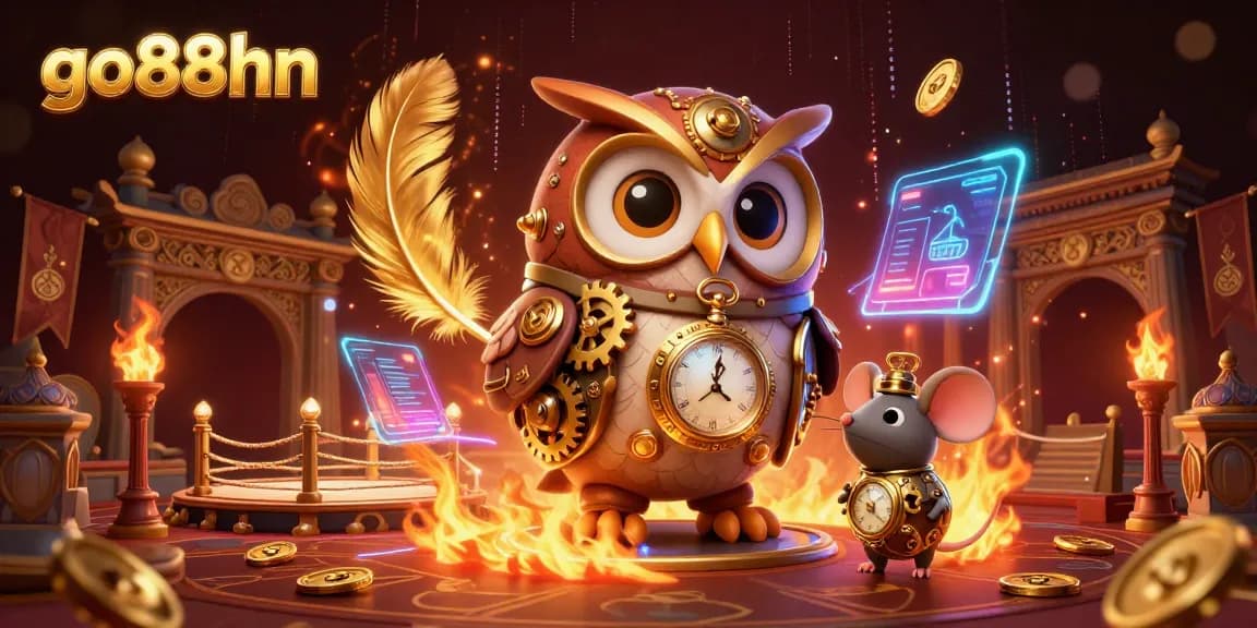Engage with go88hn in a vibrant casino adventure featuring a steampunk owl and intricate gaming elements.