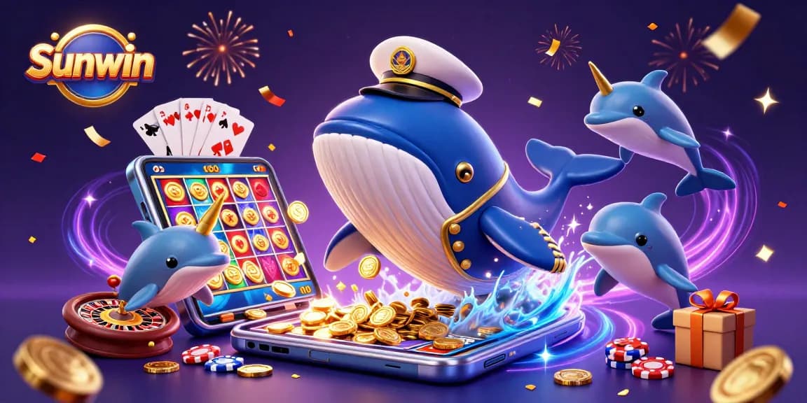 Sunwin players winning big with a vibrant underwater casino scene featuring whales and dolphins.