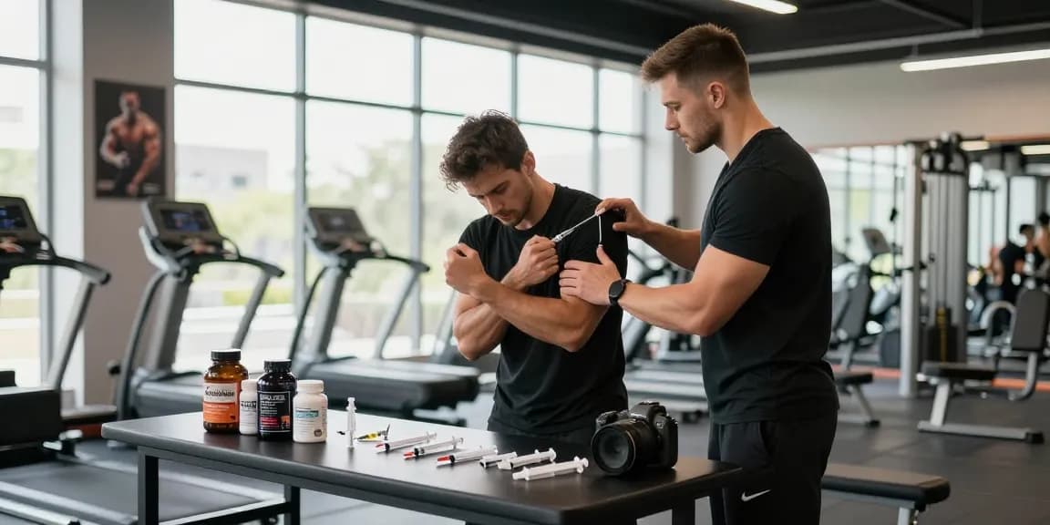 Anabolika Shop - Anleitung zur Steroidinjektion in professioneller Fitnessumgebung.