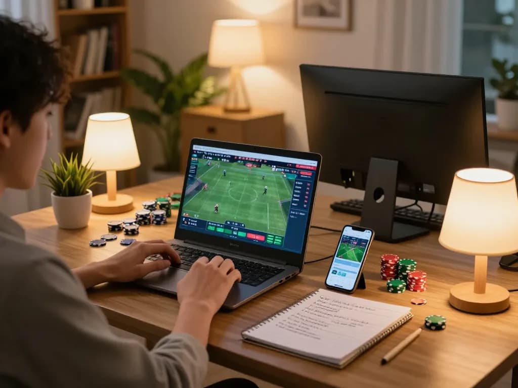 Engaging in online sports betting with go99com app on laptop beside strategic notes