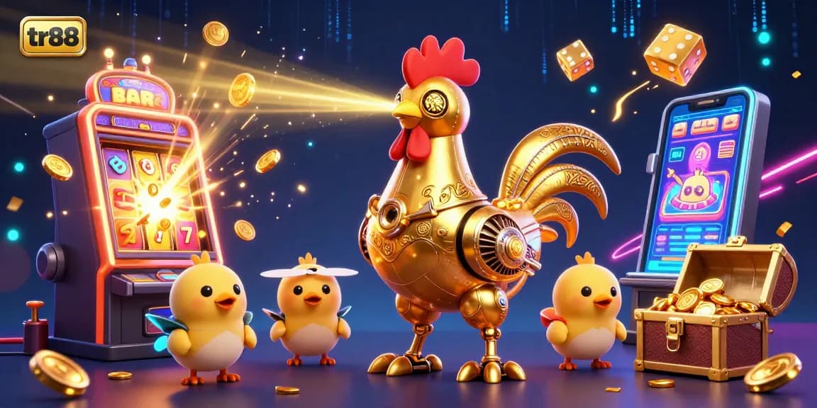 tr88 unleashes excitement with a cartoon golden rooster robot and jackpot symbols exploding in a colorful casino scene.