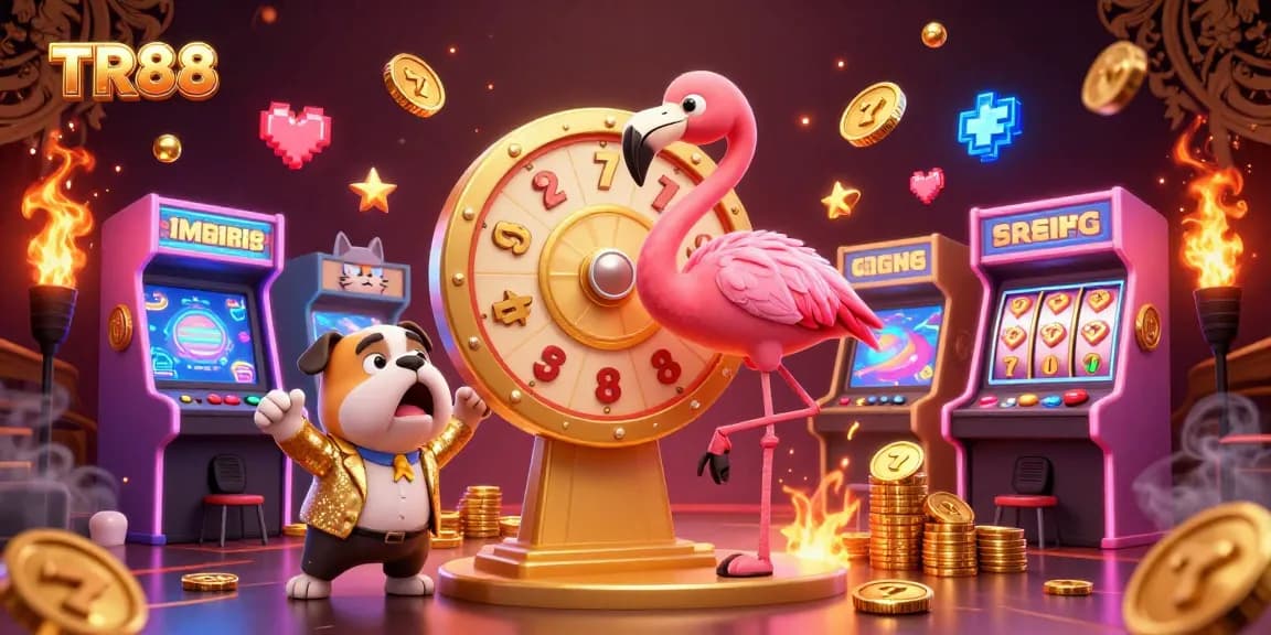 Spin the giant prize wheel at TR88's vibrant casino scene filled with colorful gaming elements!
