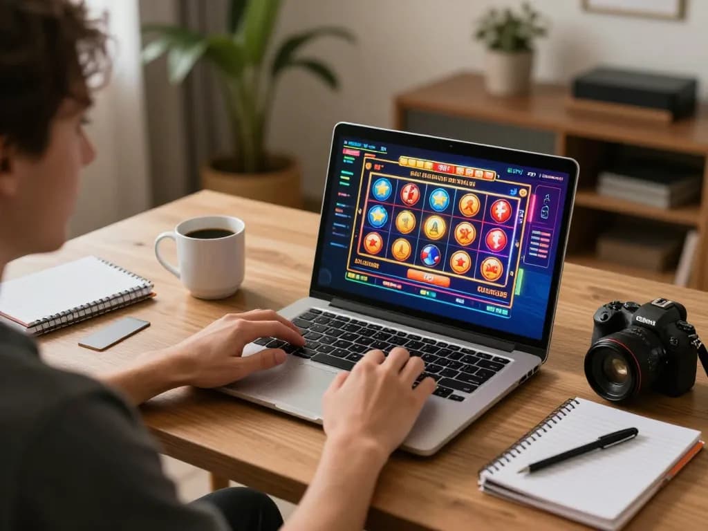 An online gambler enjoying S8's engaging interface on a laptop, surrounded by notes and coffee, highlighting strategic gameplay.
