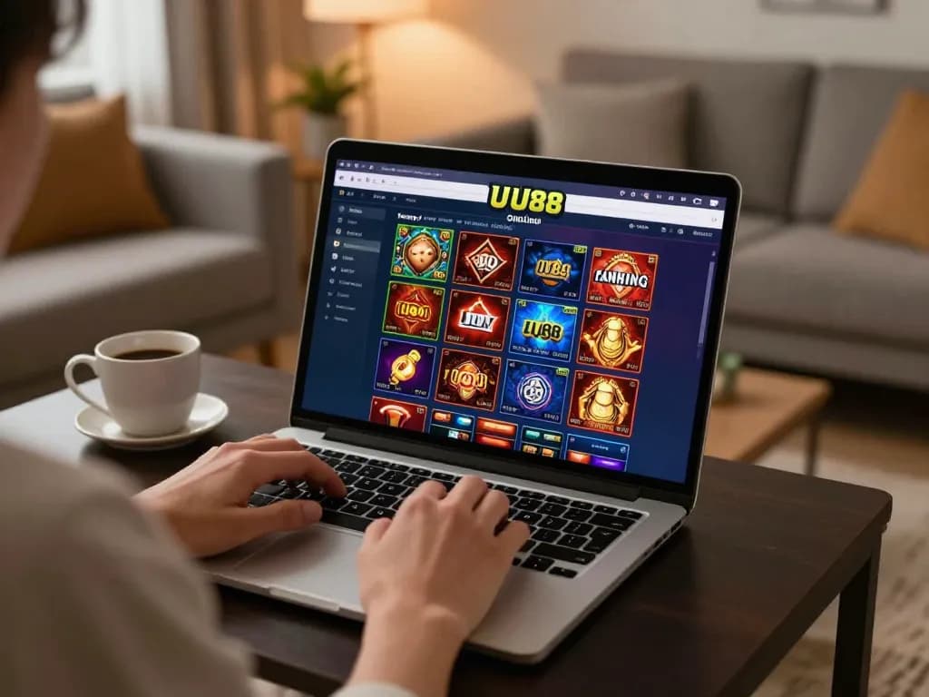 Engaging with the trang chủ UU88 platform on a laptop, showcasing an exciting online gaming experience in a cozy setting.