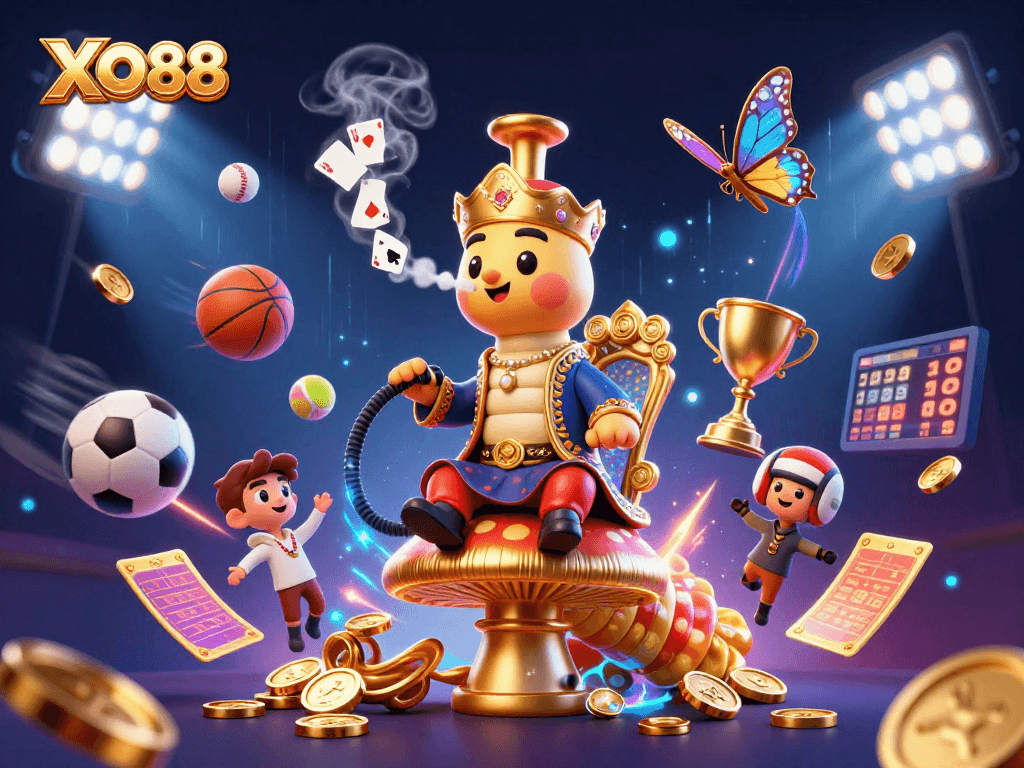 Experience XO88's vibrant gaming scene with dynamic sports elements and glamorous casino symbols.