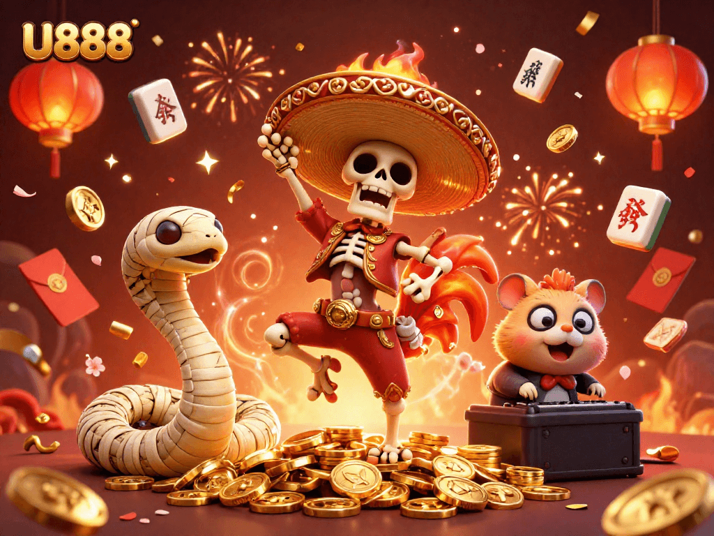 Play exciting games at U888 with vibrant scenes of casino characters celebrating victories.