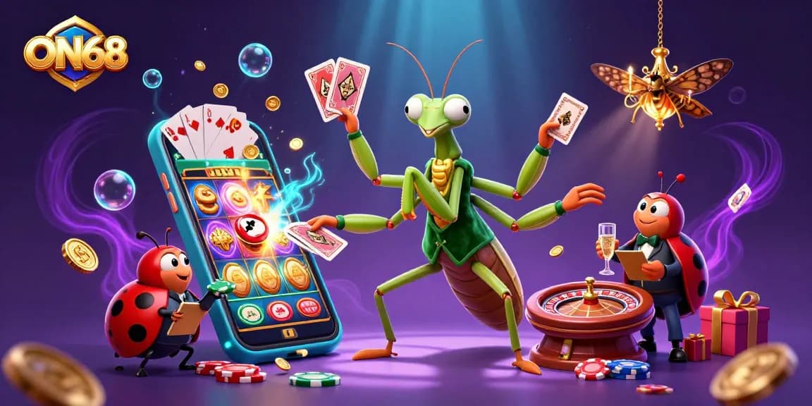 Join the excitement at ON68 with a vibrant gameplay scene showcasing a praying mantis card sharp and ladybug pit boss.