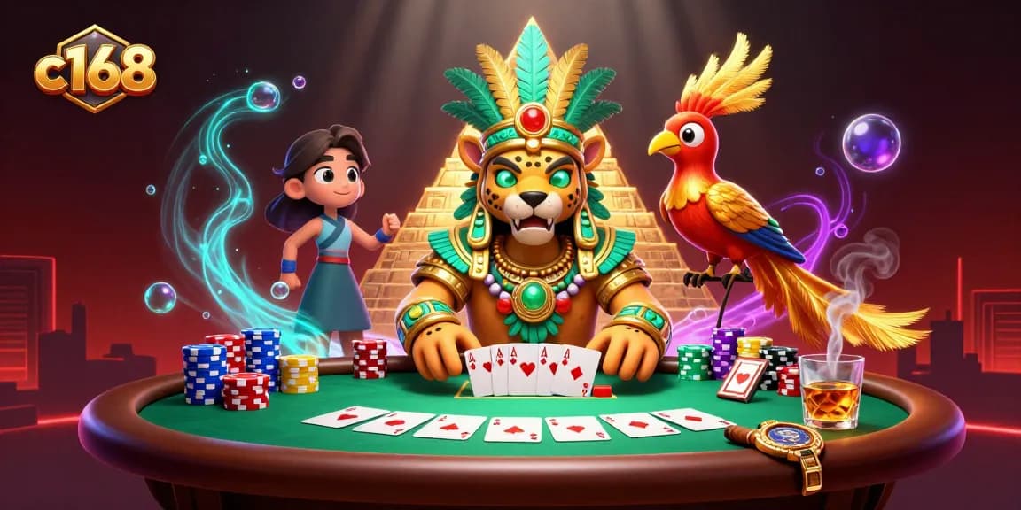 Engage in thrilling gameplay with c168, featuring a dynamic casino scene filled with poker elements and vibrant colors.