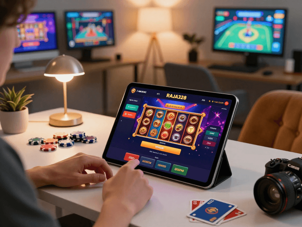 Engaging user experience with link raja328 on a sleek tablet showcasing vibrant gaming options in a stylish setting.