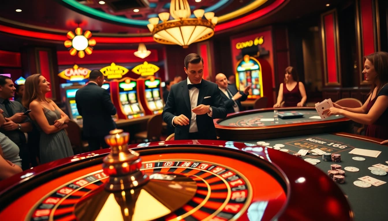 Experience the excitement of SODO 66 with vibrant casino visuals featuring roulette wheels and slot machines.