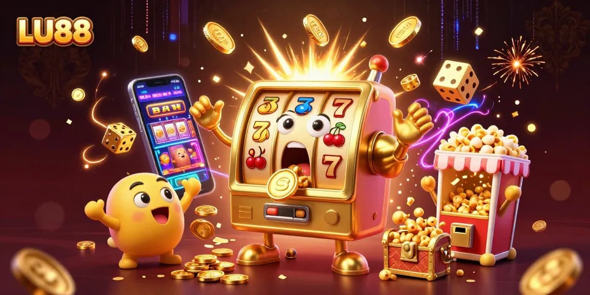 LU88 slot machine hits a jackpot with coins pouring out, celebrating with cheerful companions.