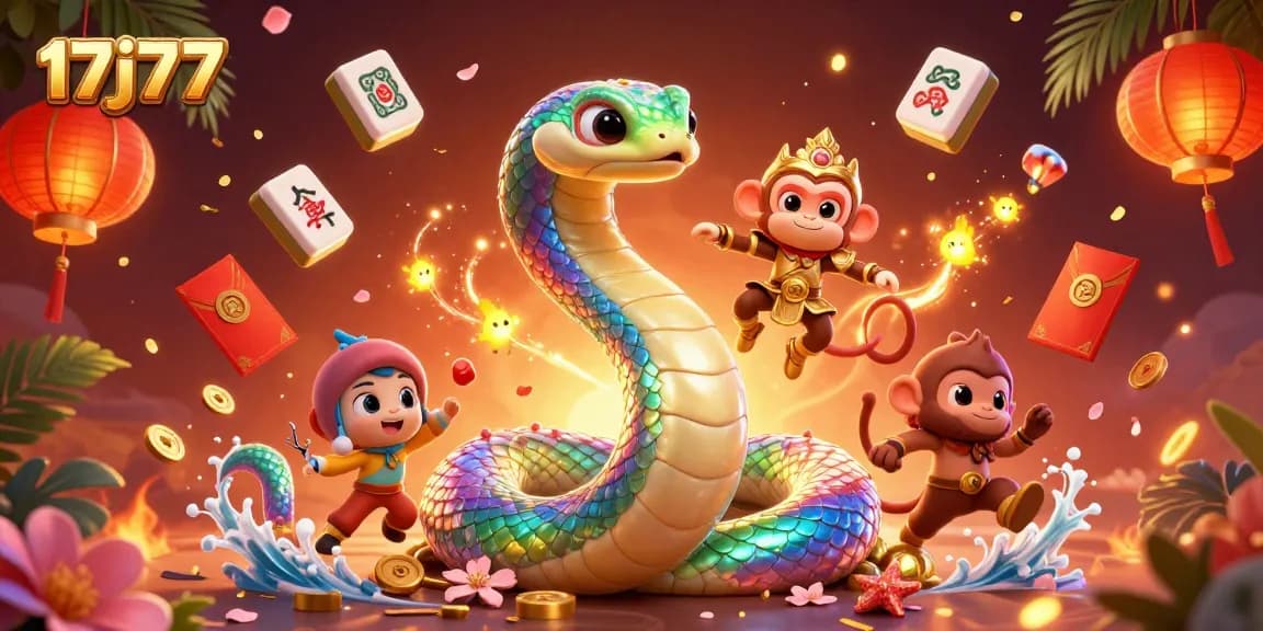 Engage with the vibrant world of 17j77 as a rainbow serpent and monkey king play in a colorful casino-themed scene.