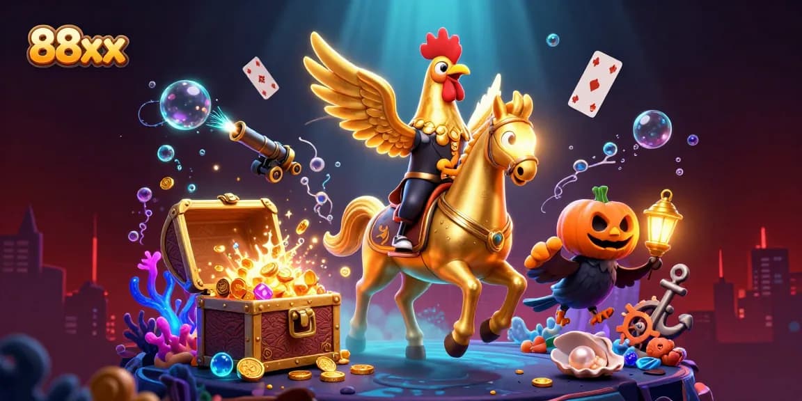Engage with the vibrant world of 88xx casino through this enthralling illustration featuring a golden rooster and spectral horse.