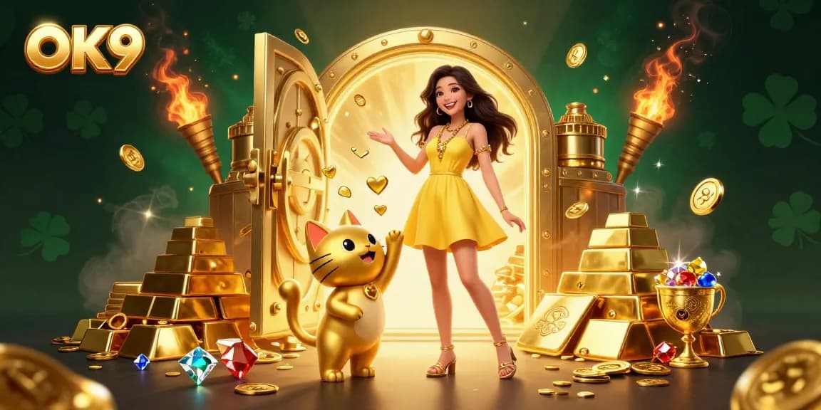 Spin and win big with OK9 at the vibrant casino, featuring rich interactive elements and cheerful characters.