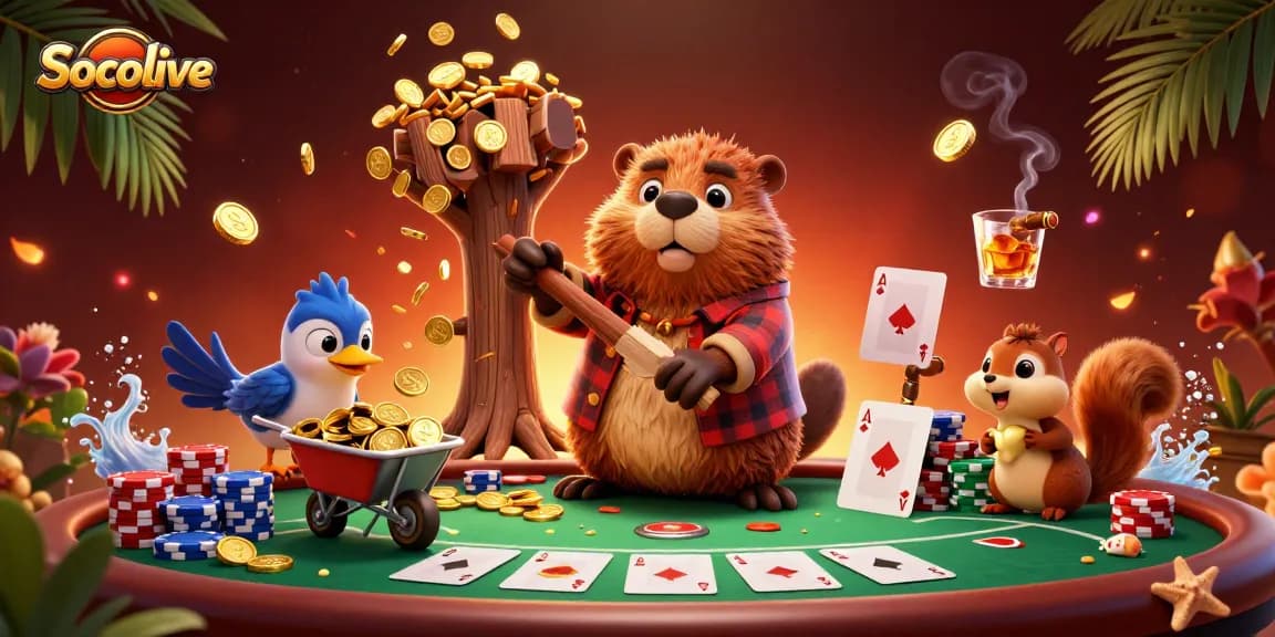 Socolive showcases a festive scene of animated characters celebrating casino wins, featuring poker elements.