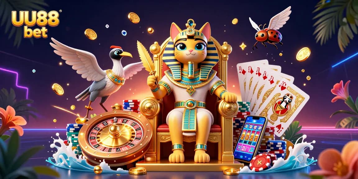 Play and win at UU88 bet with a pharaoh cat, roulette, and lavish gold elements.