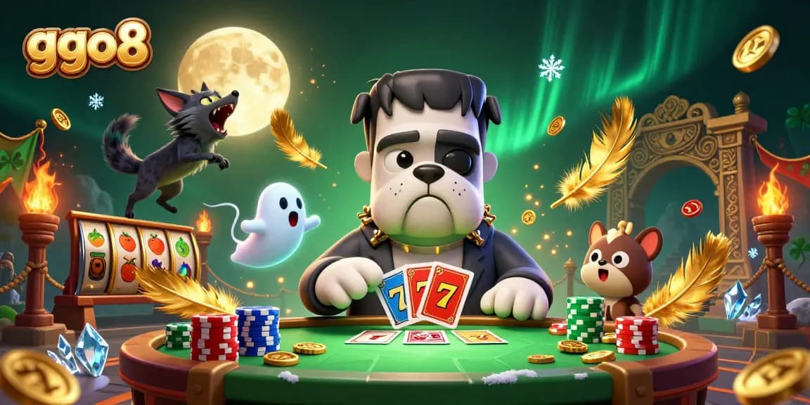 ggo8 showcases a lively casino scene with a bulldog dealer and magical elements for gamers.