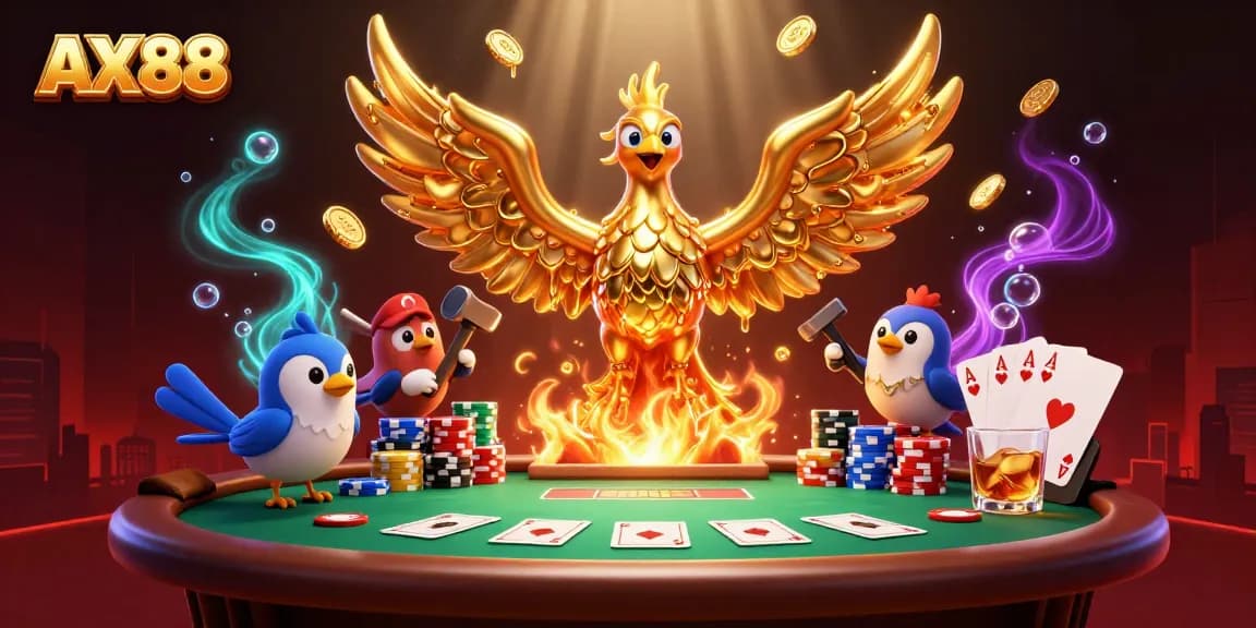Experience the thrilling world of AX88 with golden phoenix and poker elements illuminating your gaming journey.