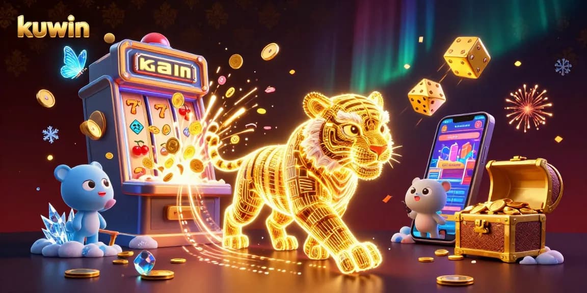 Join kuwin's exciting gaming adventure in a vibrant casino scene with stunning slot machines.