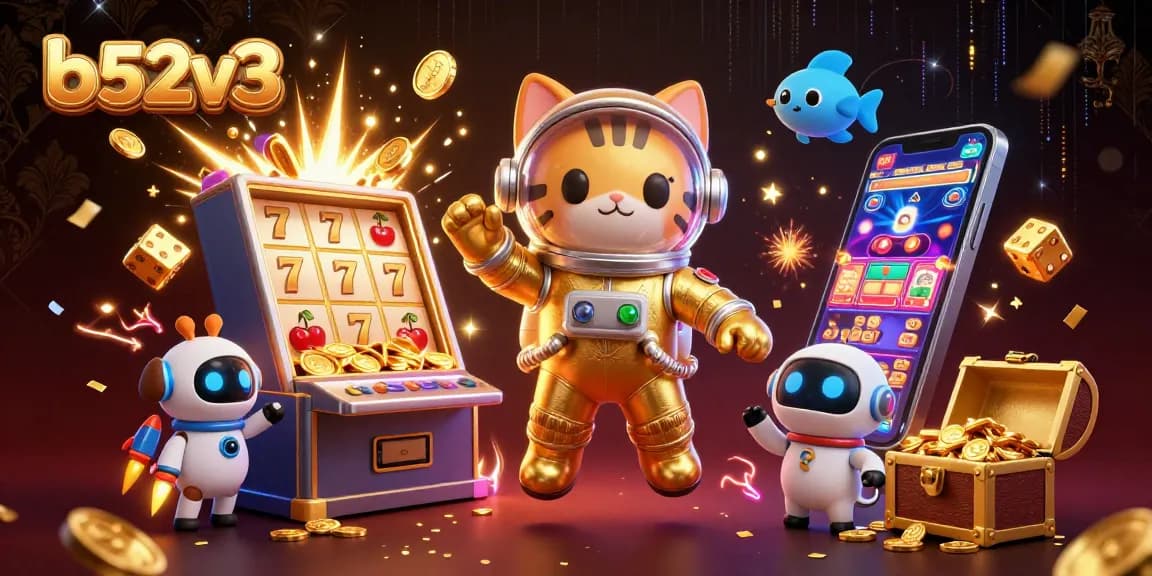 Win big at b52v3 with a stunning illustration of an astronaut cat and robot dog celebrating casino riches.