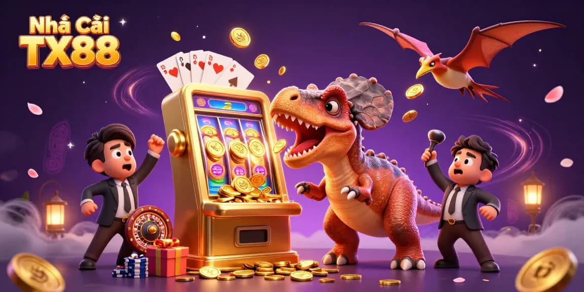 Nhà Cái TX88 showcases a dynamic 3D casino scene with characters and vibrant gaming elements.