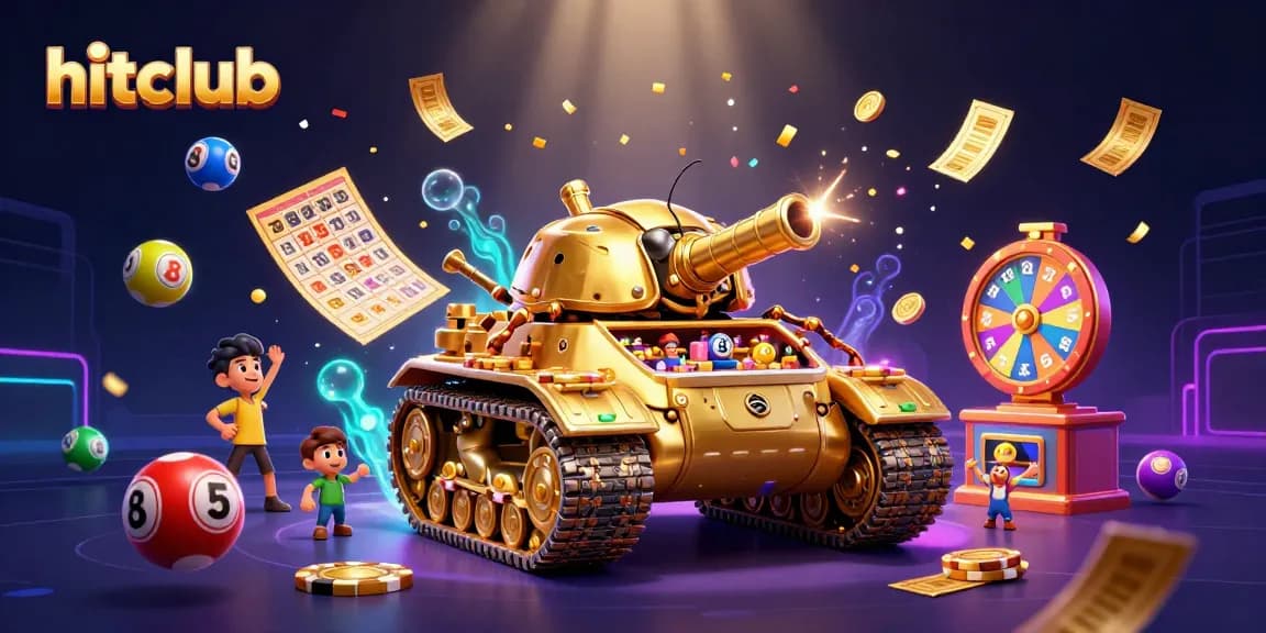 Experience hitclub's vibrant 3D casino adventure with golden tanks and dynamic lottery elements.