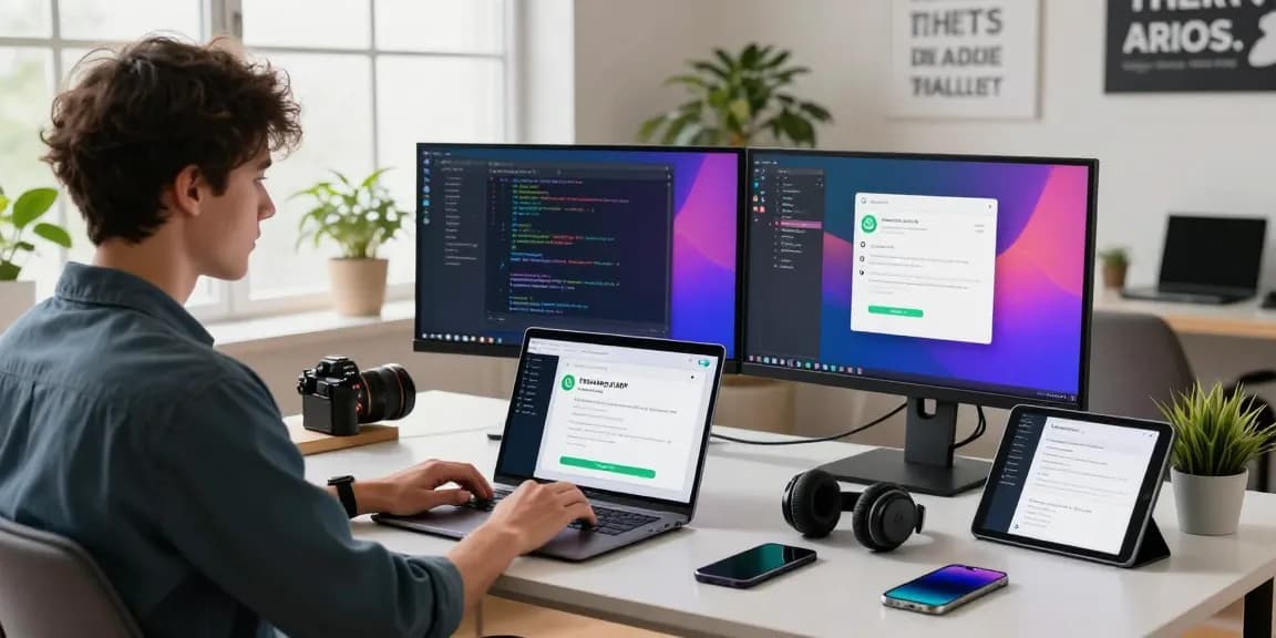 Young adult enthusiast downloading FM WhatsApp APK in a modern tech workspace.