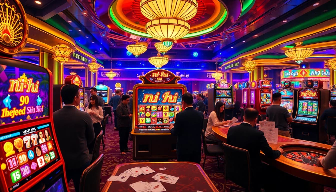 Players engaging with the nổ hũ slot machine in a lively casino atmosphere with colorful lights.