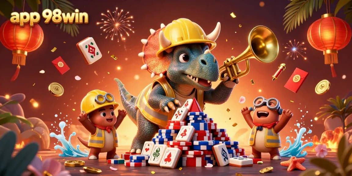 Experience the excitement of app 98win with 3D joyful characters building poker chip pyramids and festive decorations.