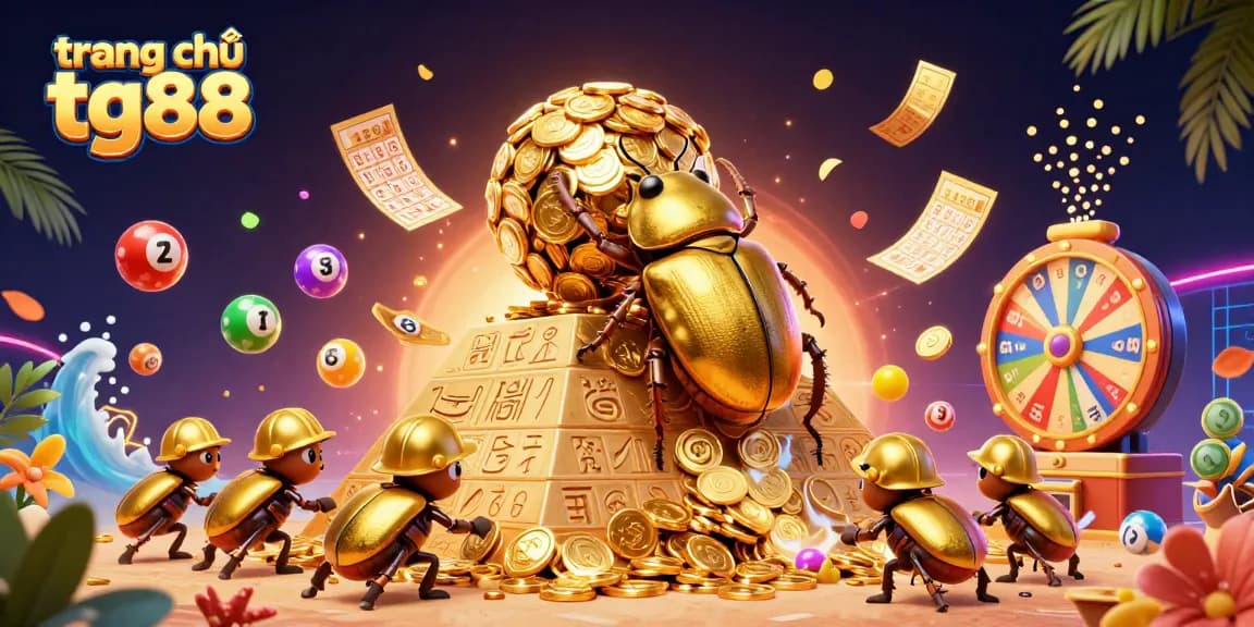Experience the thrill of trang chủ tg88 with a vibrant 3D scene showcasing golden casino elements and lively lottery games.