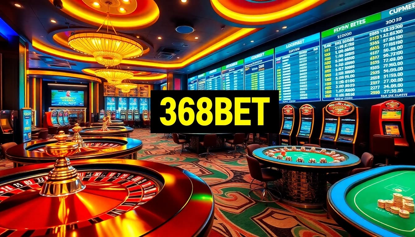 Exciting gaming action with 368BET's online casino featuring vibrant roulette wheels and poker tables.