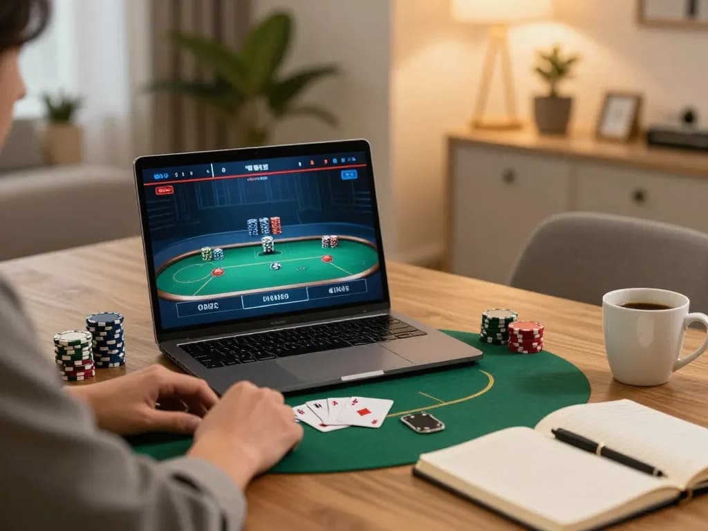Sunwin online gaming scene with player focusing on poker strategy and cozy home setup.