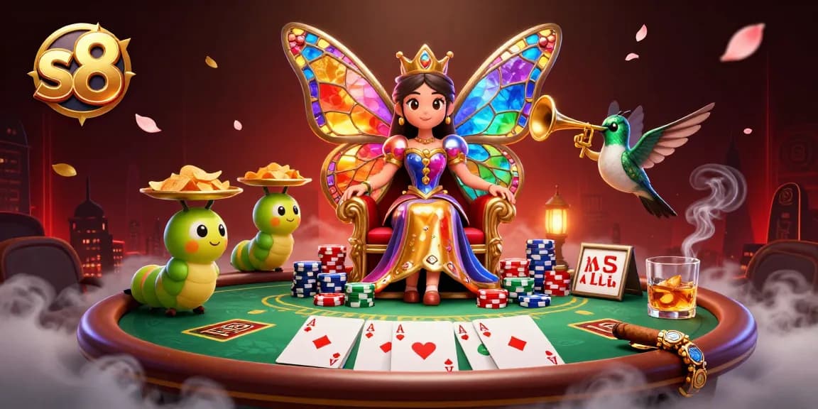 S8 players enjoy vibrant casino action in a colorful 3D illustration featuring a butterfly queen and poker elements.