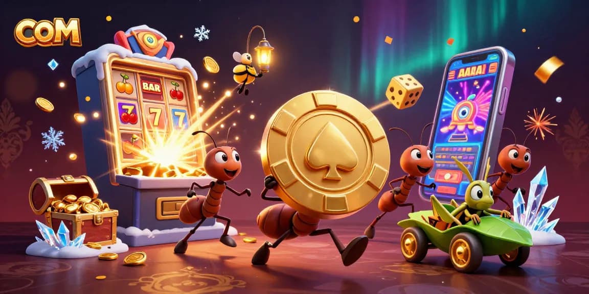 Experience thrilling wins at com with playful ants carrying a giant poker chip among vibrant casino elements.