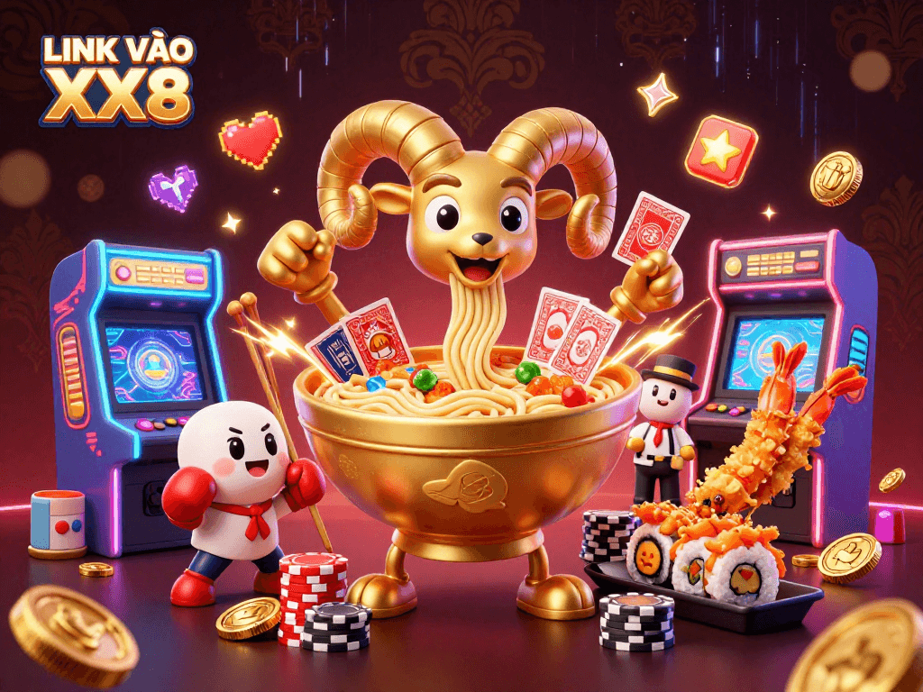 Join the action with LINK VÀO XX8, featuring a dynamic casino scene with gaming characters and vibrant elements.