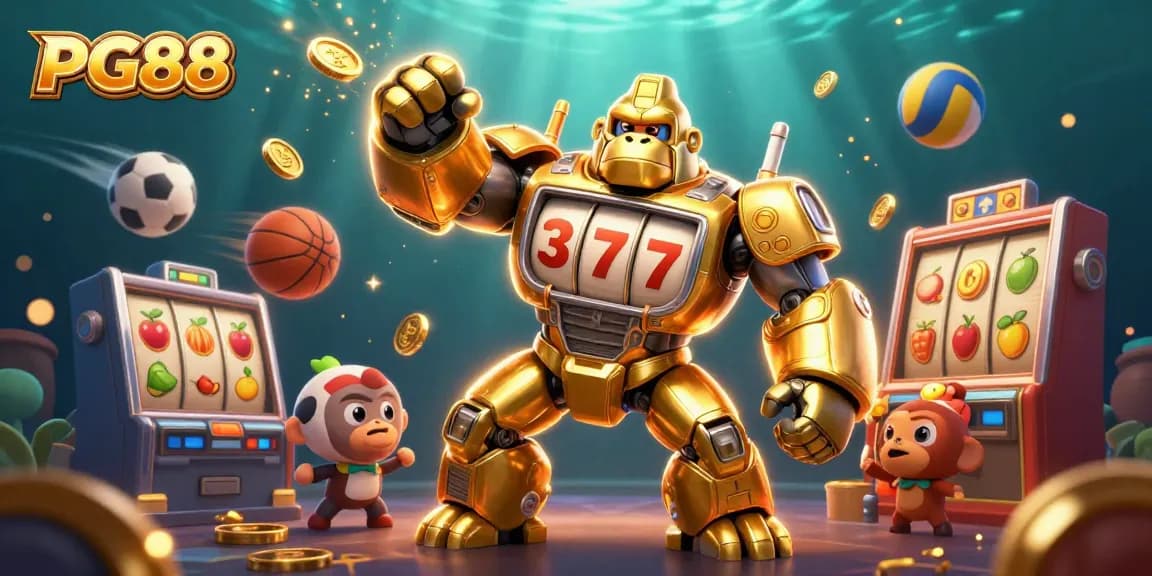 Experience thrilling PG88 slots action with an exciting golden gorilla mech and dynamic sports elements.