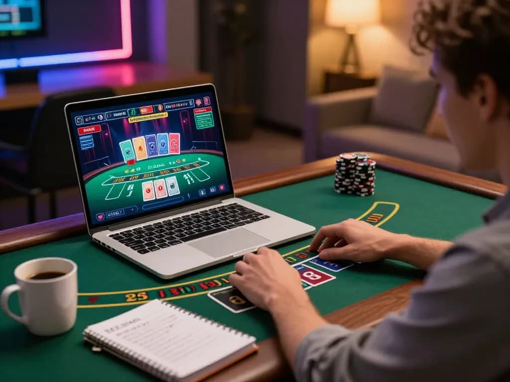 MAY88 player engaging in live blackjack online, showcasing vibrant gaming interface and cozy atmosphere.